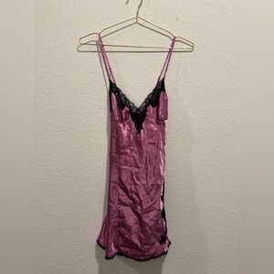Fredrick’s of Hollywood purple Black satin silk Lace Chemise slip vintage dress
